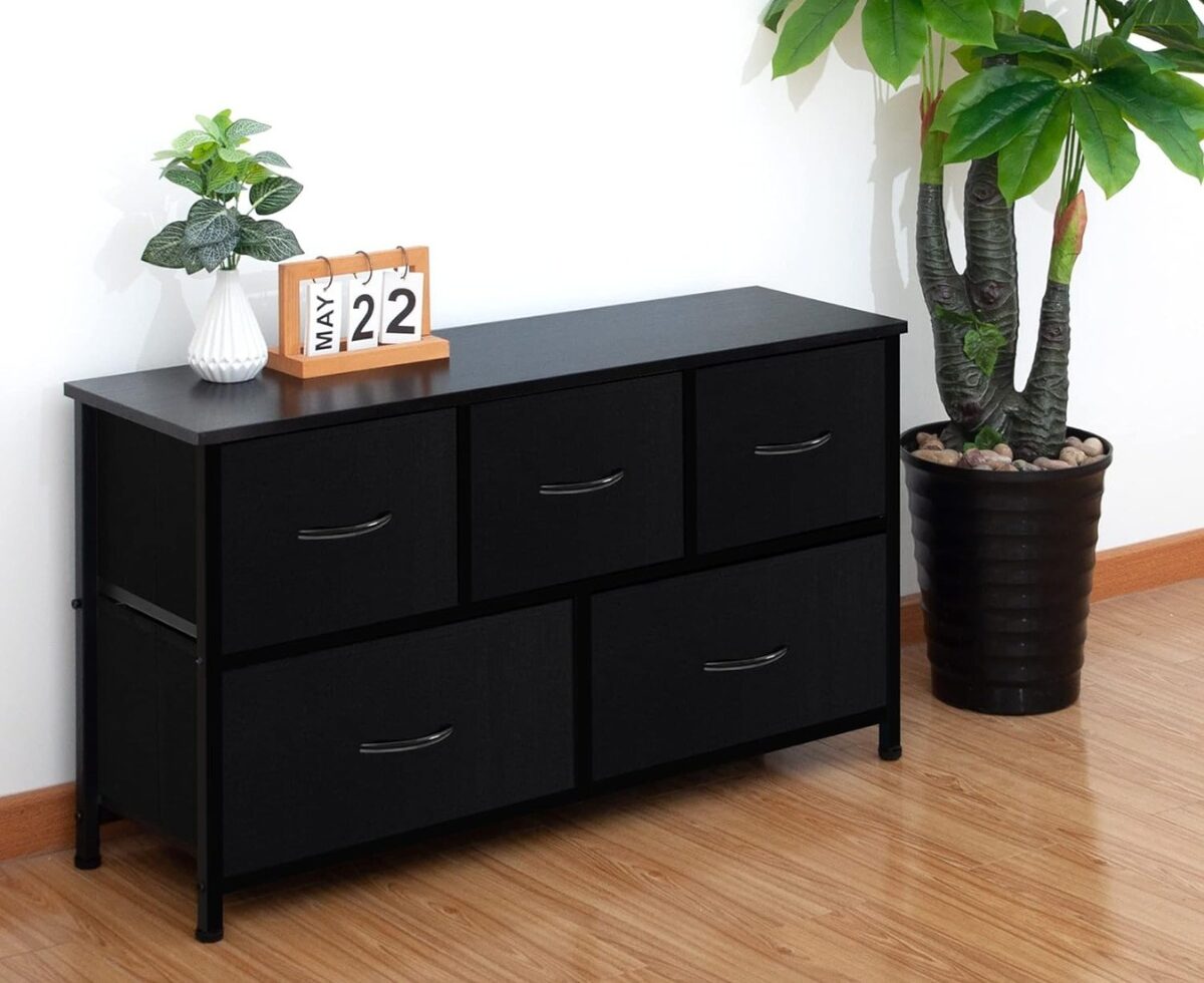 Black 5-drawer dresser with pot and calendar on top, and a plant on its left.