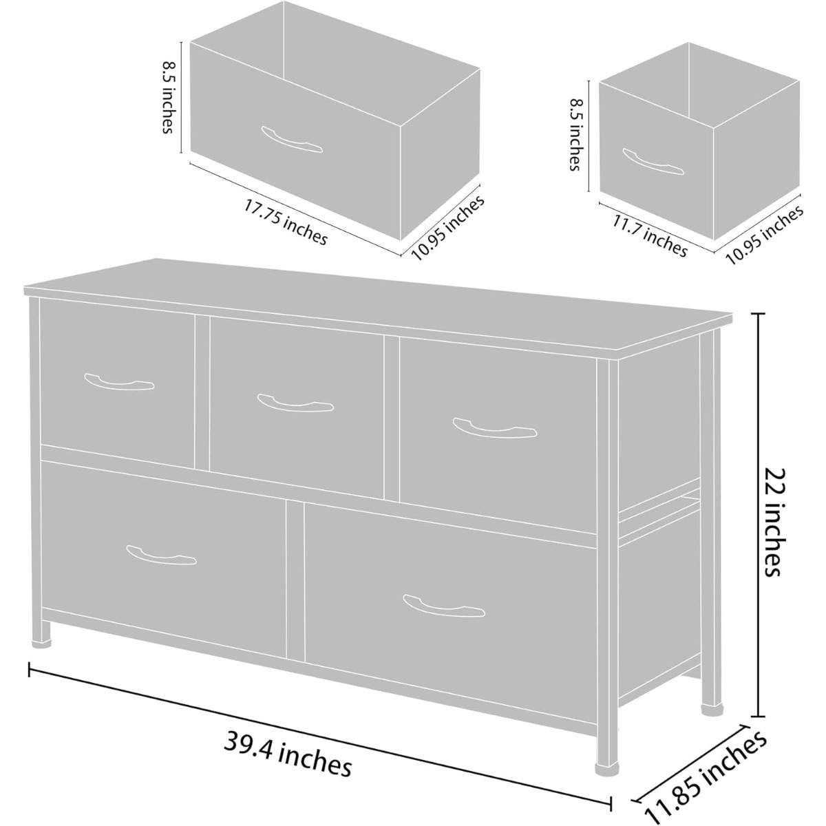 Sizing information of a modern 5 drawer dresser and its drawers.