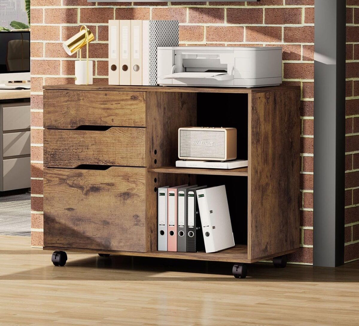Brown 3-drawer file cabinet with printer, radio, and lamp.