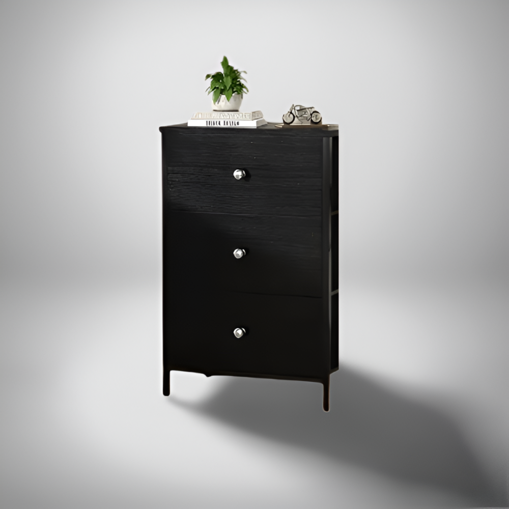 A Black 3 Drawer Nightstand with flower pot on it