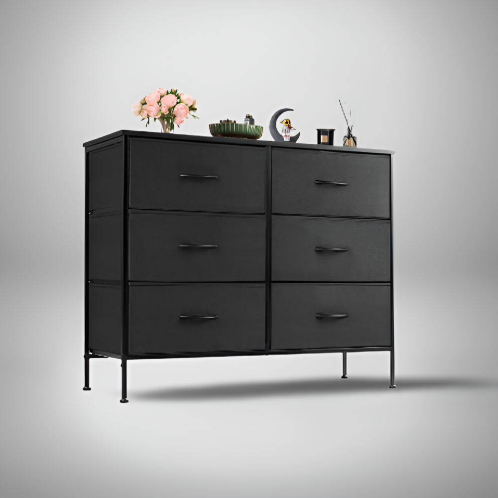 Black 6 drawer dresser with flower pot on top