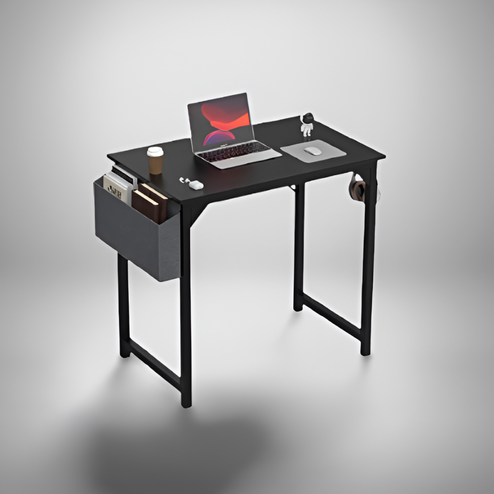 Black desk with laptop, coffee cup, and storage on side