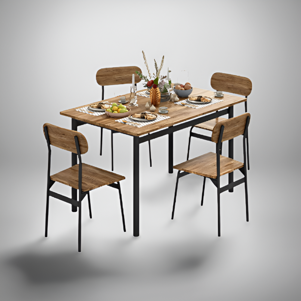 Brown dining table with 4 chairs and food on top.