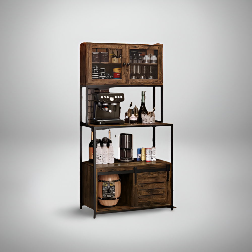 Rustic brown large bakers rack with shelve, countertop and cabinet.