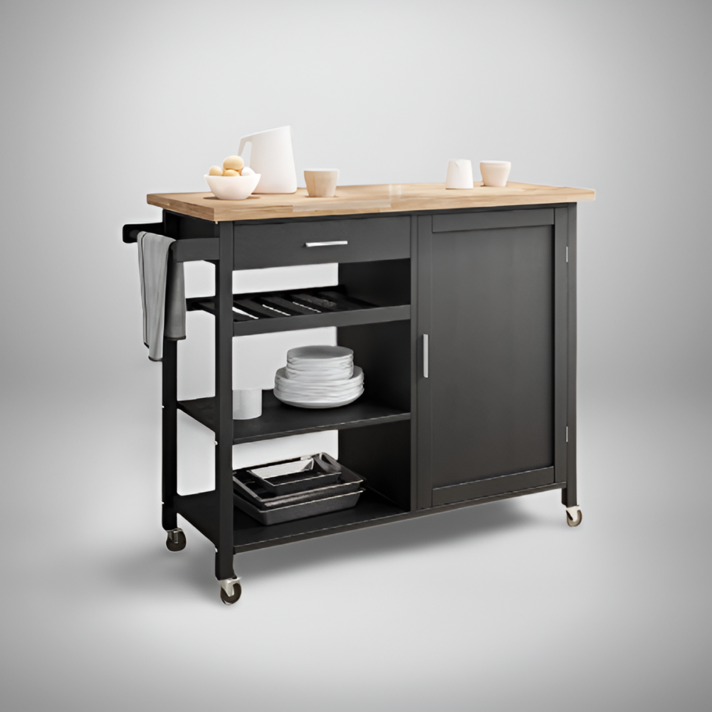 Movable Black Kitchen Island with shelves and cabinet.