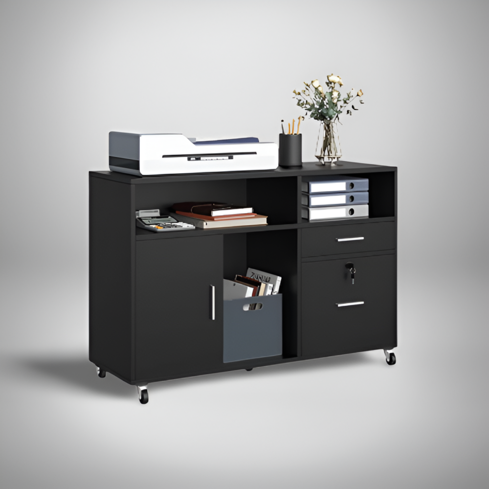 Movable black file cabinet with files inside the drawers and shelves.