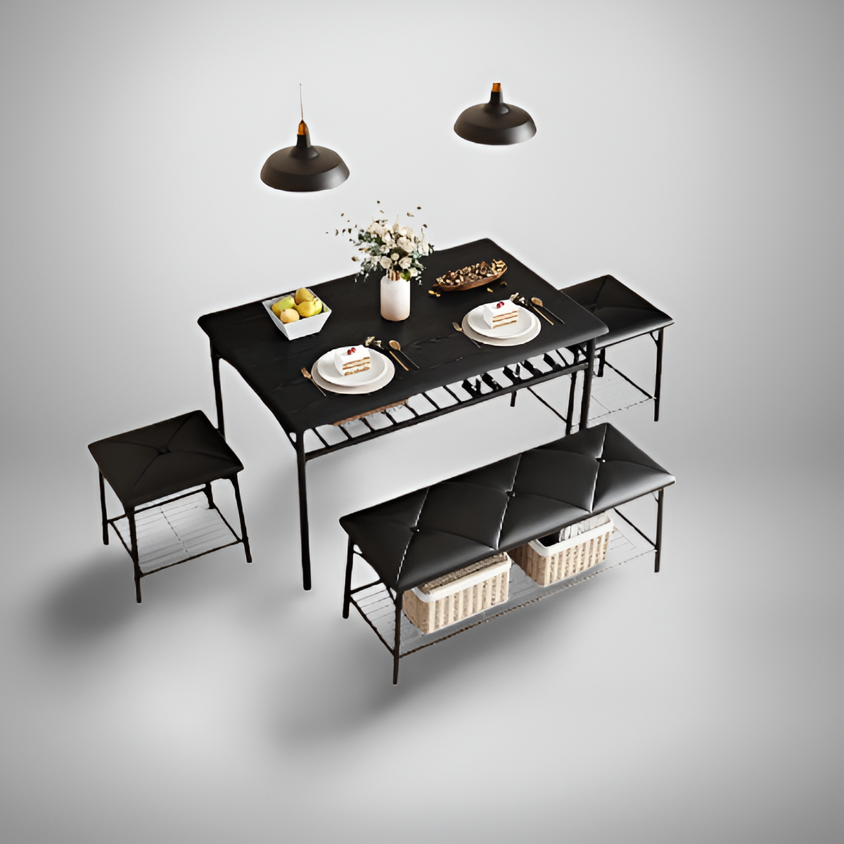Black Dinning Table set with bench and stools with food on top