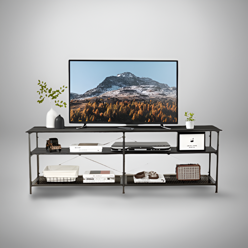 Modern Black TV Stand with an TV on Top and other essentials inside the shelves.